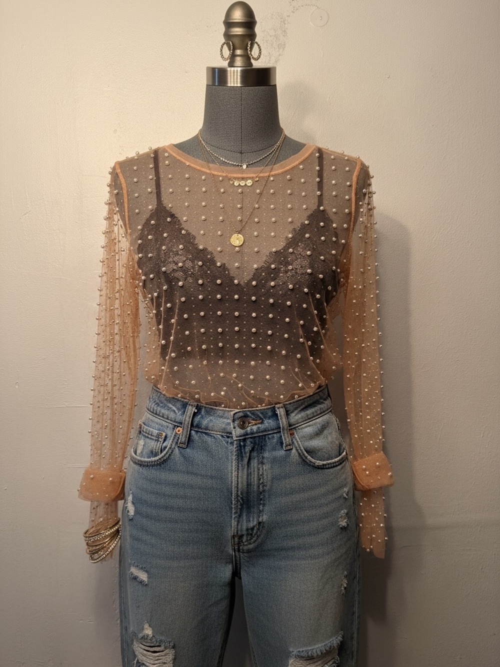 Pearl Embellished Sheer Mesh Long Sleeve Top Nude Beige Festival Party Top